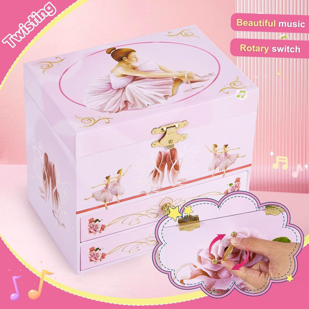 Girl's Gift Ballerina Musical Jewelry Box with 2 Drawers,Music Box with Spinning Ballerina,Kids Jewel Storage Box for Girls Ages 3-12 Kids Gift