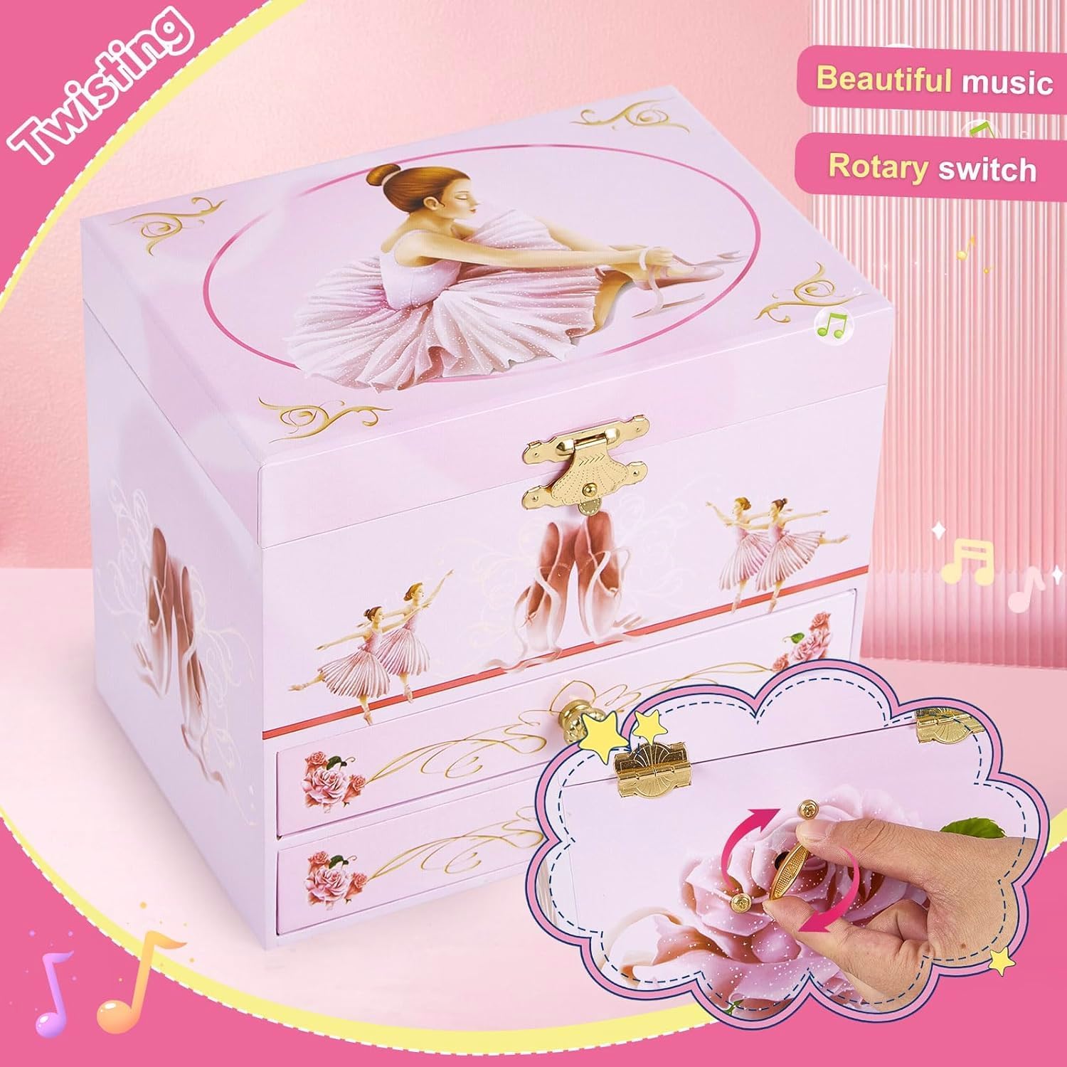 Girl's Gift Ballerina Musical Jewelry Box with 2 Drawers,Music Box with Spinning Ballerina,Kids Jewel Storage Box for Girls Ages 3-12 Kids Gift