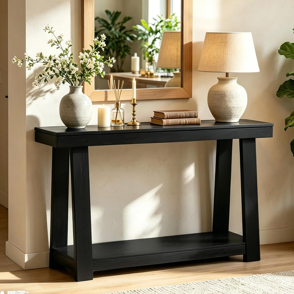 Black Console Table, 43.5" Narrow Black Entryway Table with 2-Tier Stora...