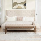 66" Upholstered End of Bed Bench with Headrest, Button Tufted (Taupe) | Nano Leather, Dark Walnut Legs, Bedroom & Entryway, Footstool Design, Window Bench Style