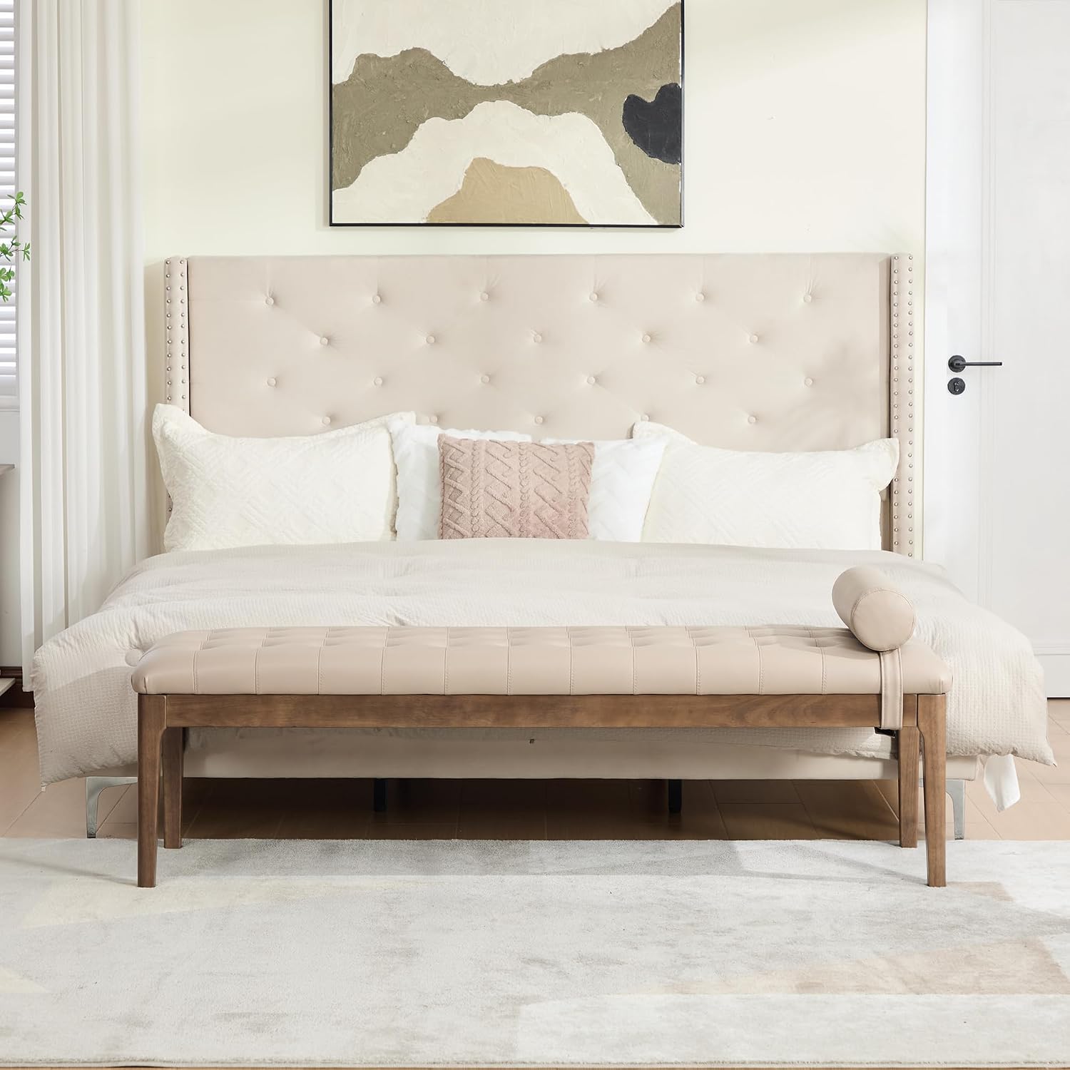 66" Upholstered End of Bed Bench with Headrest, Button Tufted (Taupe) | Nano Leather, Dark Walnut Legs, Bedroom & Entryway, Footstool Design, Window Bench Style