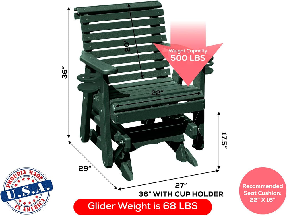 Amish Craftsmanship Made in USA 2FT Heavy Duty Poly Lumber Wood Porch Glider ...