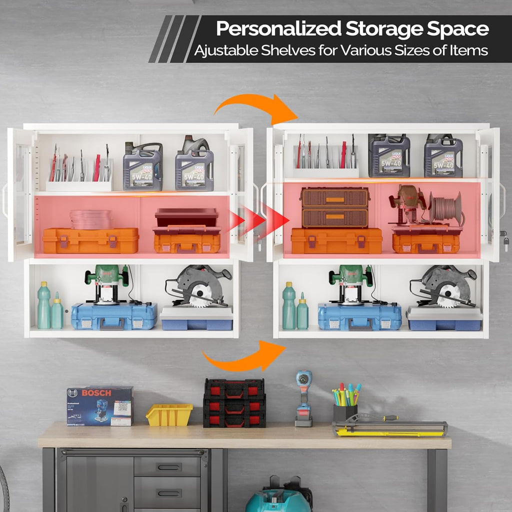 VINGLI Metal Wall Cabinet with Locking Glass Doors & Magnetic LED Sensor Light, Adjustable Shelf, Wall Mounted Storage Display Cabinets for Garage, Kitchen, Home Office, Warehouse, Living Room, White