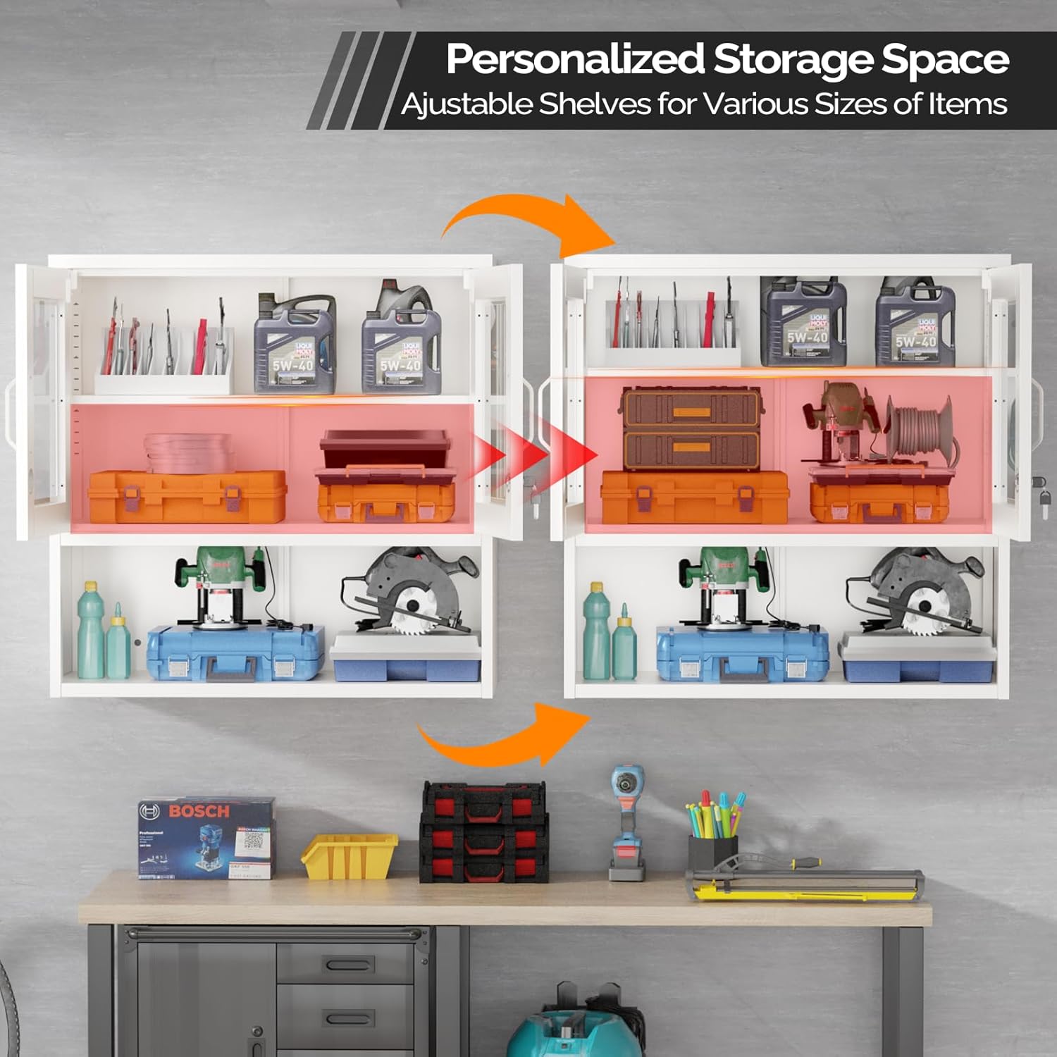 VINGLI Metal Wall Cabinet with Locking Glass Doors & Magnetic LED Sensor Light, Adjustable Shelf, Wall Mounted Storage Display Cabinets for Garage, Kitchen, Home Office, Warehouse, Living Room, White