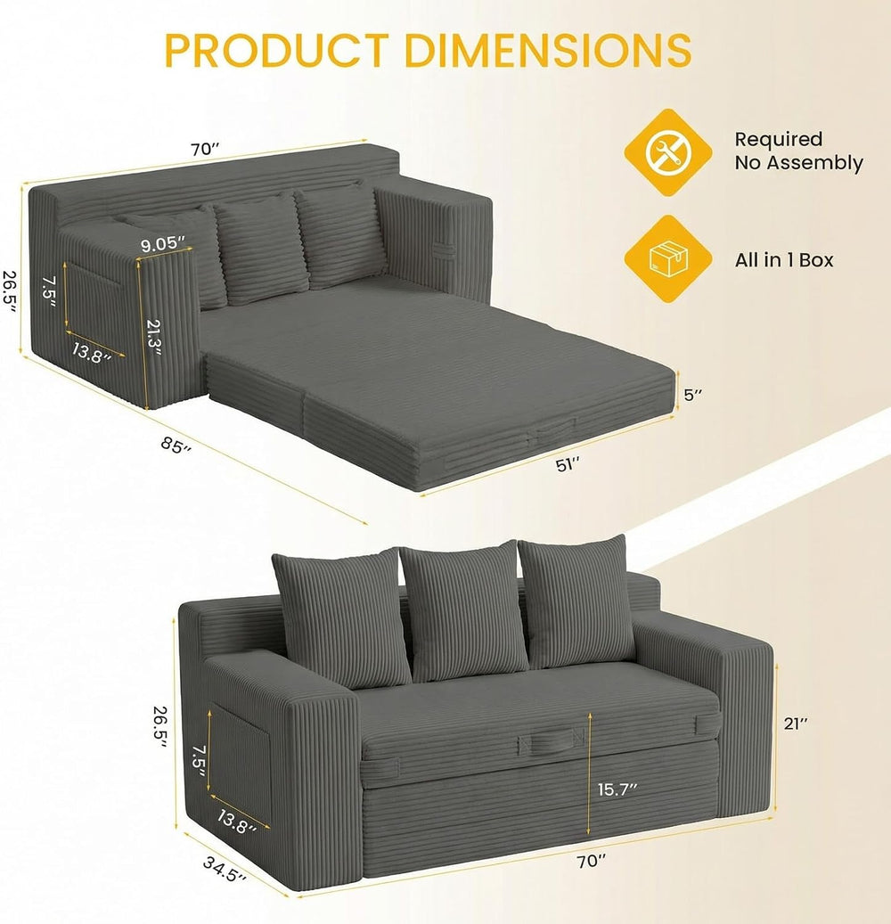 Couch,3 Seater Couch Bed – 3-in-1 Convertible Sleeper Sofa with Side Pockets ...
