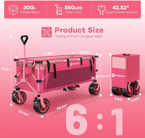 48" L Collapsible Beach Wagon Cart Foldable, 560LB Weight Capacity 300L Heavy Duty Folding Wagons with Big All-Terrain Wheels, Utility Carts for Groceries, Shopping, Camping, Sports - Pink