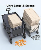 Wagons Carts Foldable, Collapsible Foldable Wagon 330lbs Capacity, 180L Large Capacity Wagon with All-Terrain Wheels,Heavy Duty Utility Wagon Cart with Brakes for Beach Camping Shopping, Grey
