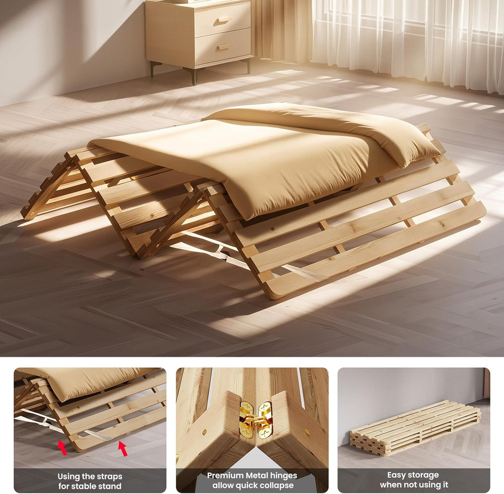 Floor Bed Frame, Foldable Japanese Tatami Bed Frame for Futon Mattress | Soli...