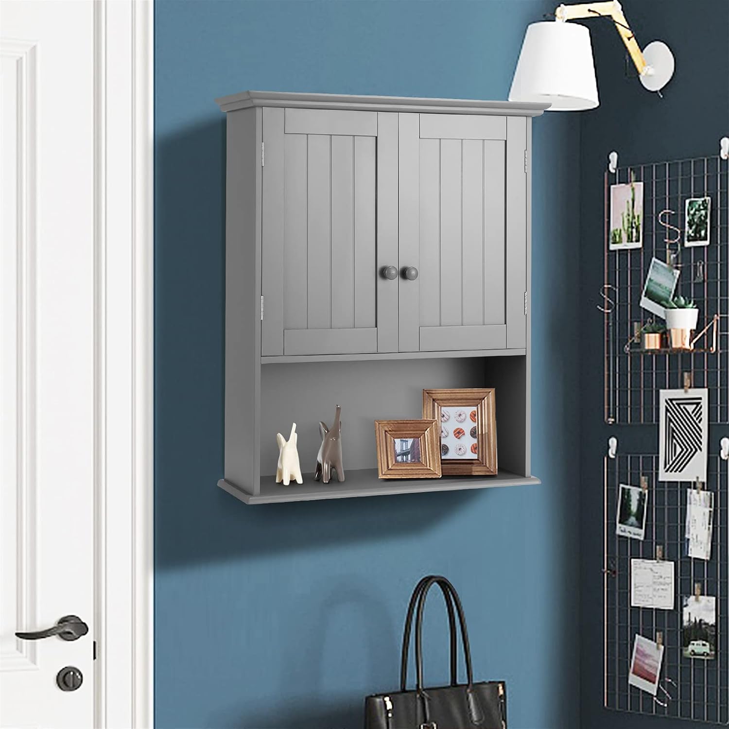 Tangkula Wall Mount Bathroom Cabinet Wooden Medicine Cabinet Storage Organizer with 2-Doors and 1-Shelf Cottage Collection Wall Cabinet (Grey)