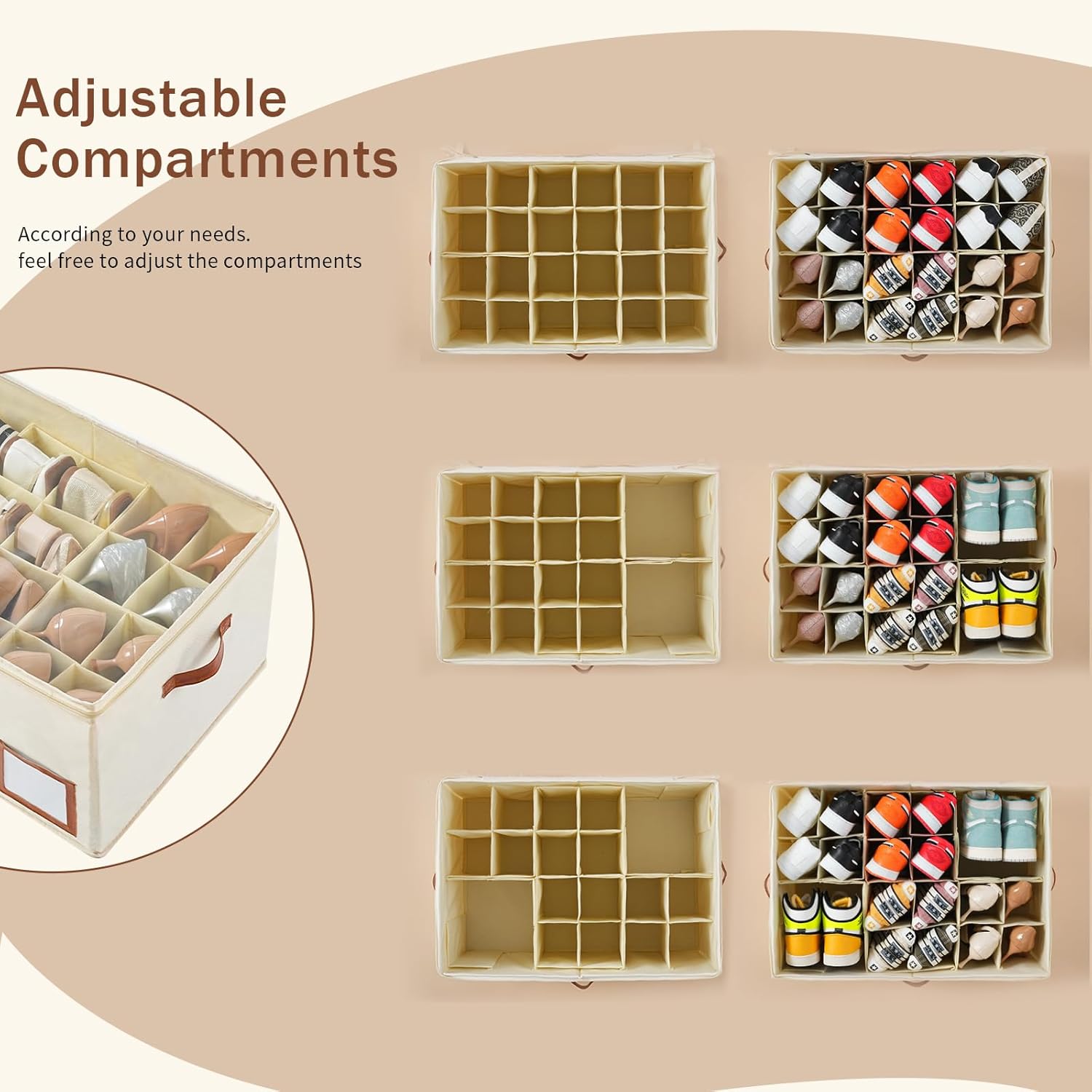 Shoe Organizer for Closet Fit 24 Pairs, Large Foldable Shoe Storage Containers Box Bin w/Adjustable Dividers and Clear Cover, Space Saving Shoe Storage Organizer Box, Beige