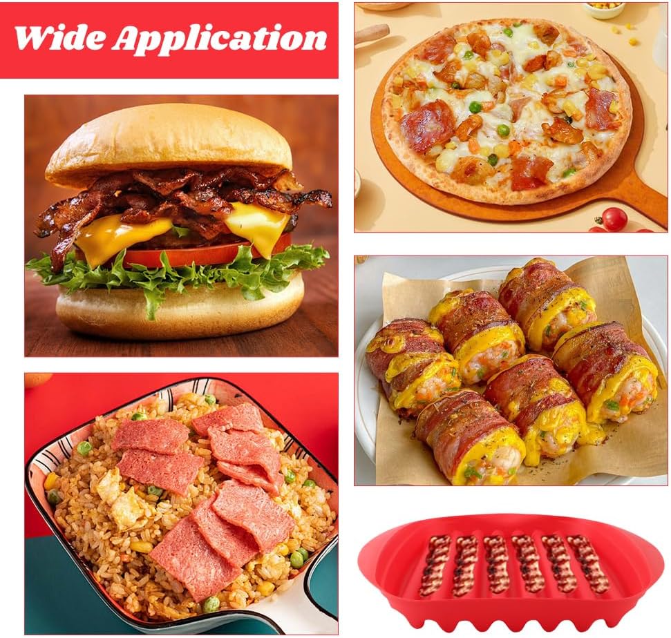 Microwave Bacon Cooker Tray with Vented Lid - Crisper Pan for 4-6 Slices in 3 Minutes, Splatter Shield & Fat Draining Tray for Healthy Cooking, Also for Sausages & Patties(Color:Red)