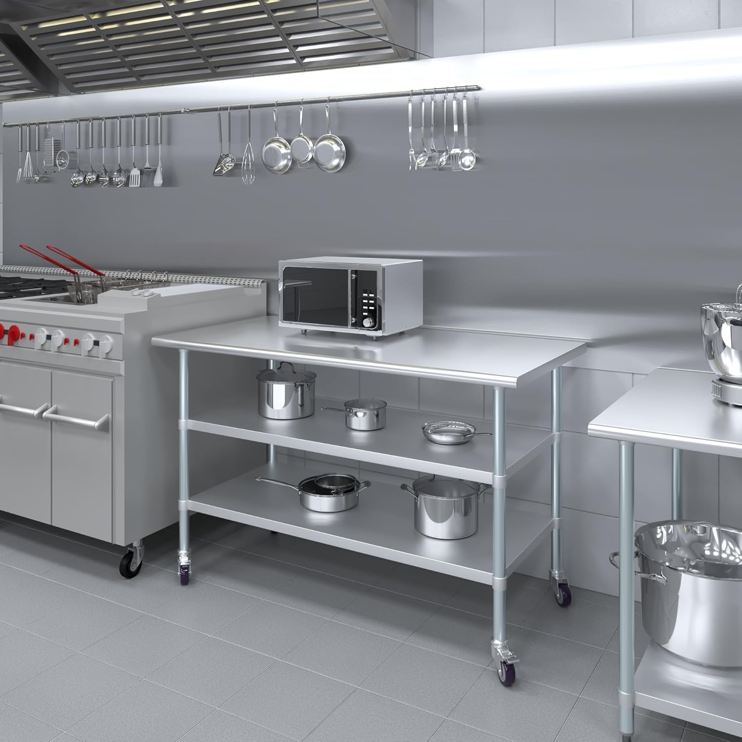 AmGood Stainless Steel Work Table with 2 Shelves and Casters | Metal Utility Table On Wheels (Stainless Steel Work Table with 2 Shelves + Casters, 60" Long x 30" Deep)