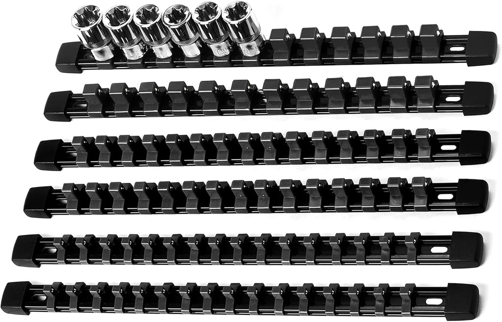Socket Organizer Drive ABS Tools - Black Socket Holder, Premium Quality 6 Pieces Socket Holders Kit 1/4-Inch x 32 Clips, 3/8-Inch x 30 Clips, 1/2-Inch x 24 Clips（6PC,Black)