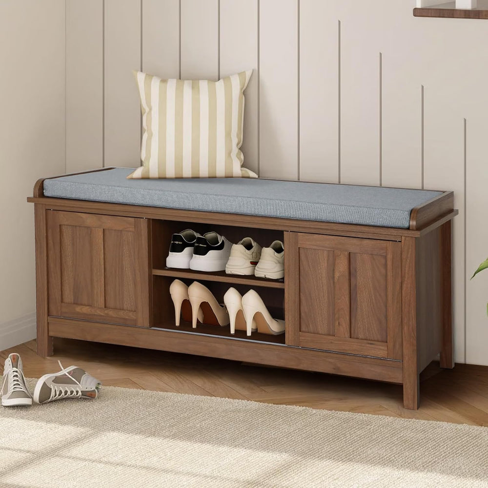 2-Tier Shoe Storage Bench,43" Wooden Shoe Cabinet with Sliding Doors,Wal...