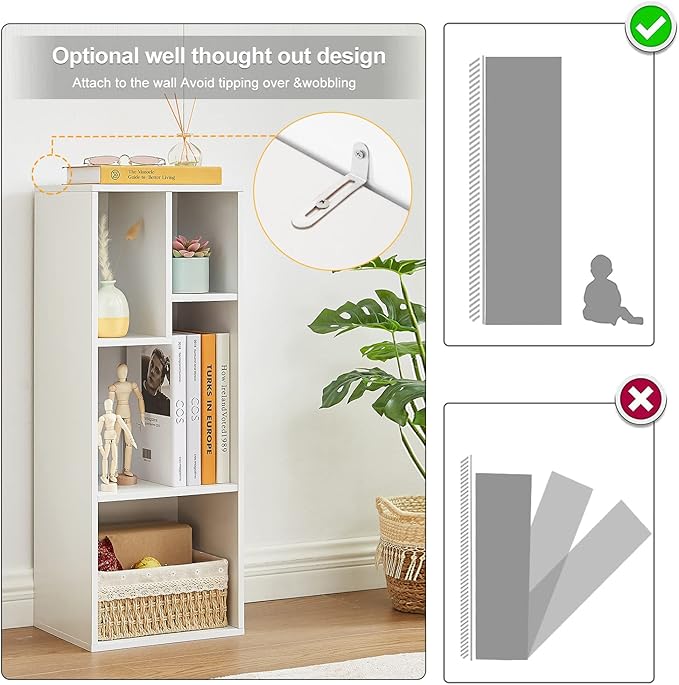 VECELO Small White Bookshelf, 4 Cube Slim Bookcase, Fits Tallest Hardcovers, Horizontal Available, Modern Floor Standing Unit, Each Shelf Hold Up to 66 LBS, Pearl White