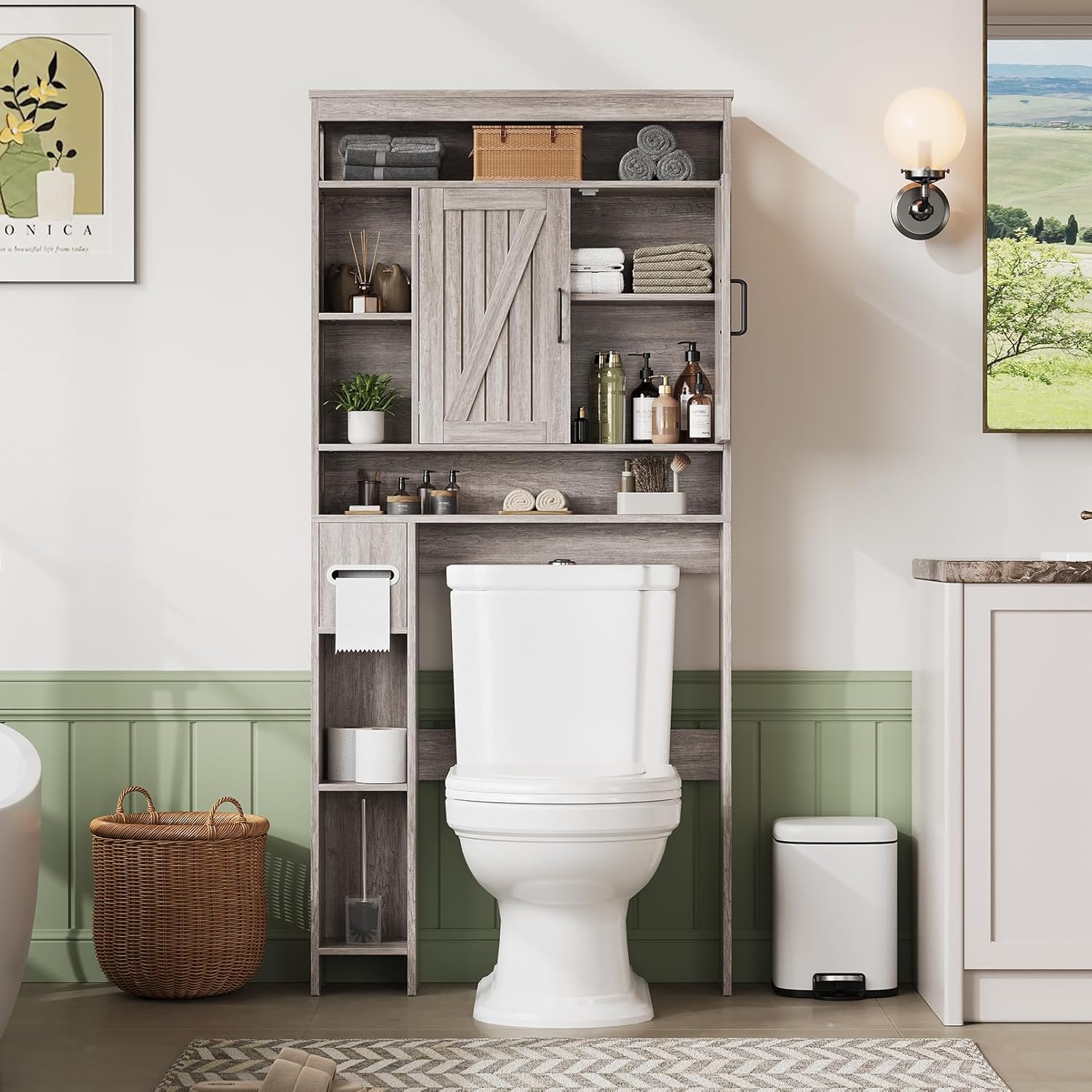 Over The Toilet Storage Cabinet with 6 Shelves, Farmhouse Bathroom Storage Cabinet with 2 Barn Door & Toilet Paper Holder Stand, Toilet Shelf with Adjustable Shelf for Bathroom Laundry