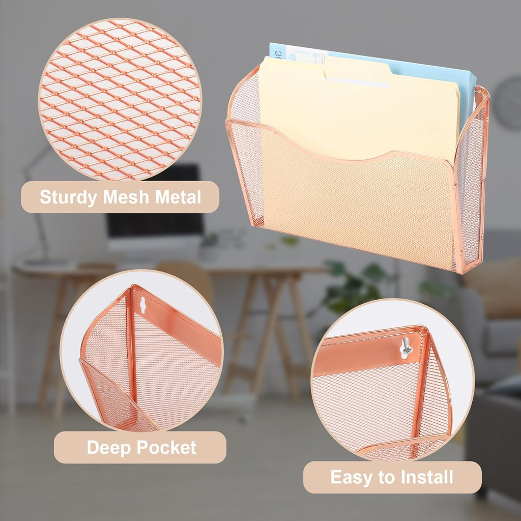 EASEPRES 3 Single Pocket Mesh Hanging File Organizer, Vertical Wall Mounted Magazine File Holder, Mount Basket Mail Paper Document Folder Organizing for Office, Home and School, Rose Gold