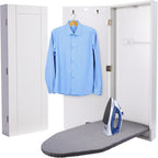 Ivation Wall-Mounted Ironing Board Cabinet, Foldable Ironing Storage Station for Home, Apartment, Easy-Release Lever, Garment Hooks, White