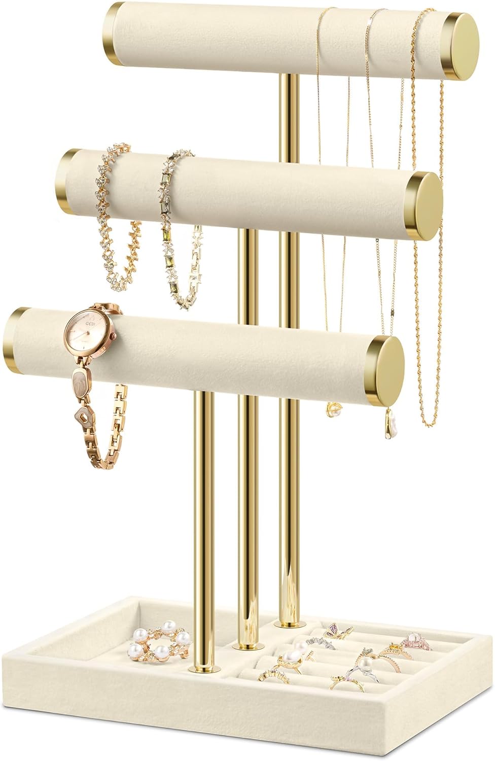 Bracelet Holder Jewelry Organizer Display - 3 Tier T Bar Velvet Stand, Beige Jewelry Storage for Bracelet, Necklaces, Watches