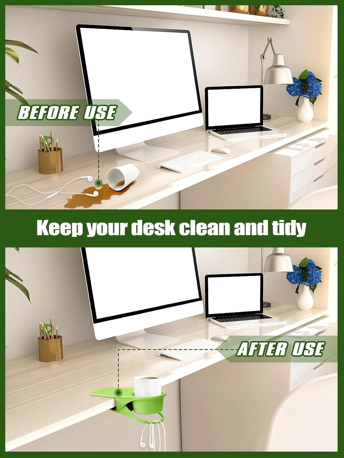 Kalolary 2PCS Table Edge Cup Holder Clips - Versatile Desk & Table Cup Clip for Home, Office & School (Green)