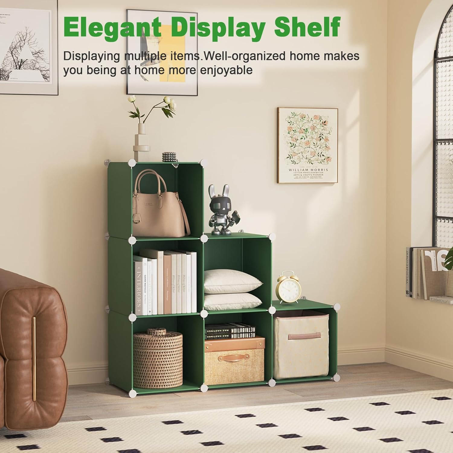 C&AHOME 6-Cube Storage Organizer, Stackable Storage Cubes Shelves, Portable Bookshelf, Plastic Clothing Storage Closet Organizer, DIY Modular Shelving Units for Wardrobe, Home, Green