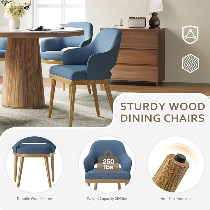 Wooden Dining Chairs Set of 6, Modern Fabric Upholstered Dining Room Chair, Kitchen Side Chairs, Farmhouse Dinner Chair with Open Back for Kitchen, Blue