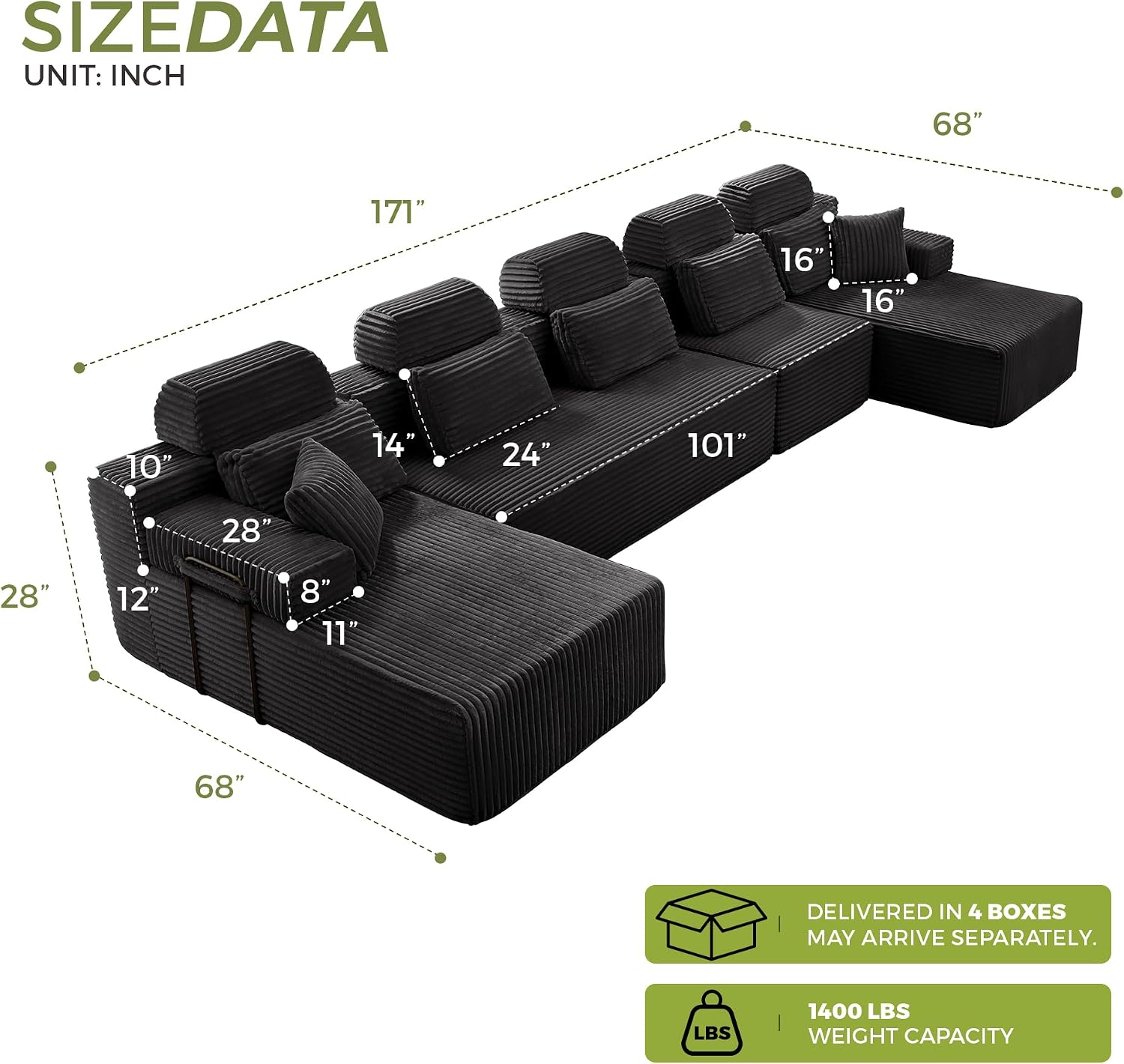 171" U-Shaped Cloud Modular Sectional Sofa with Chaise & Headrest, Boneless Deep Seat Plush Corduroy Couches for Large Living Room, No Assembly Required (Black, 171" U-shapred Chaise)