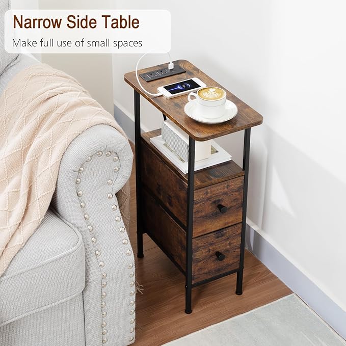 Narrow End Tables Living Room Set of 2 with Charging Station, Skinny Side Tab...