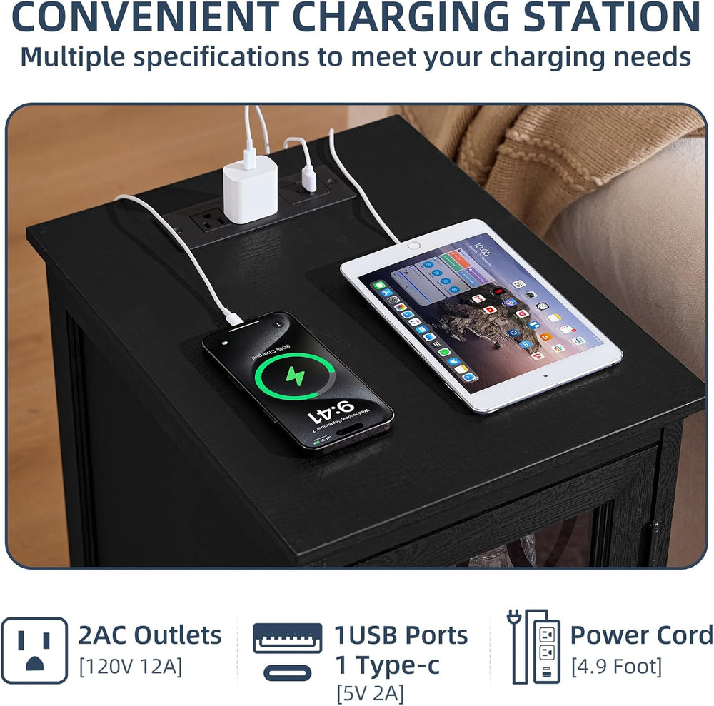 Joaxswe Narrow Side Table with Charging Station Set of 2, Night Stand with Gl...
