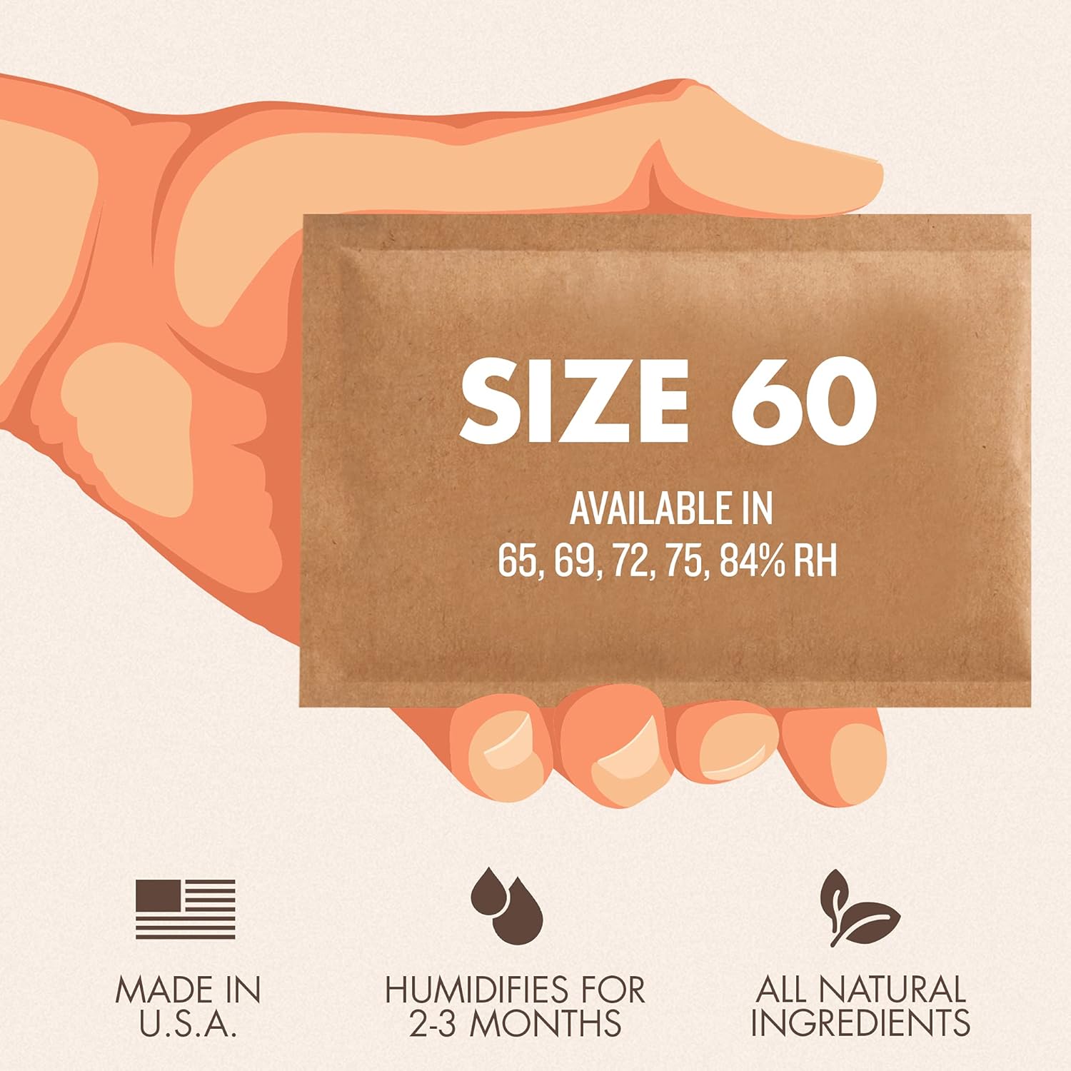 Boveda 65% Two-Way Humidity Control Pack for Up to 25 Items – Size 60 – Single – Aging & Long-Term Storage in Plastic & Wood Boxes – Moisture Absorber – Humidifier Pack – Individually Wrapped