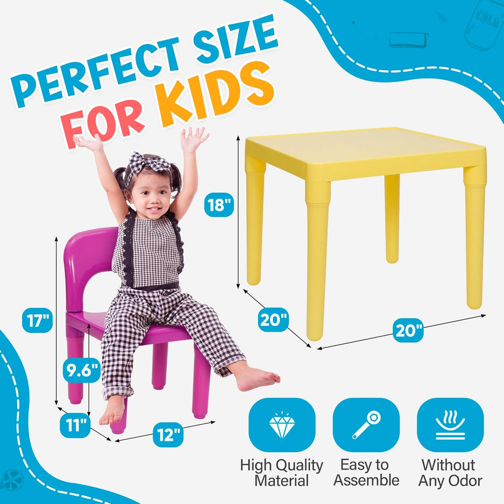 ZENY Kids Plastic Table and 4 Chairs Set, Multicolor Play Room Furniture for Reading, Train, Art, Crafts, Play