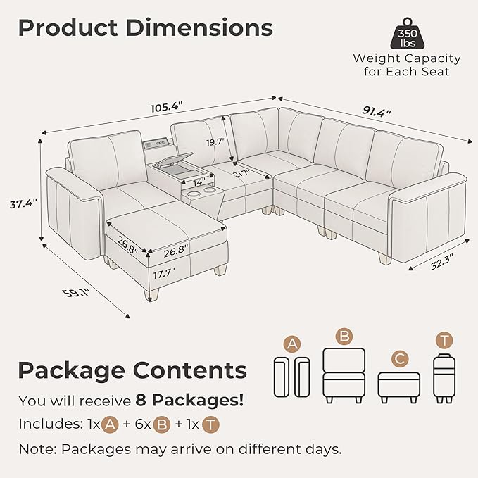 SITJOY 105" Faux Leather Modular Sectional Sofa with Storage, Mid Century Modern Sectional Couches for Living Room, 6 Seat V Shaped Couch with Ottoman and Console Table, Hidden Cupholders, Greige
