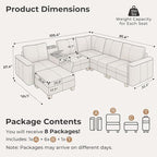 SITJOY 105" Faux Leather Modular Sectional Sofa with Storage, Mid Century Modern Sectional Couches for Living Room, 6 Seat V Shaped Couch with Ottoman and Console Table, Hidden Cupholders, Greige