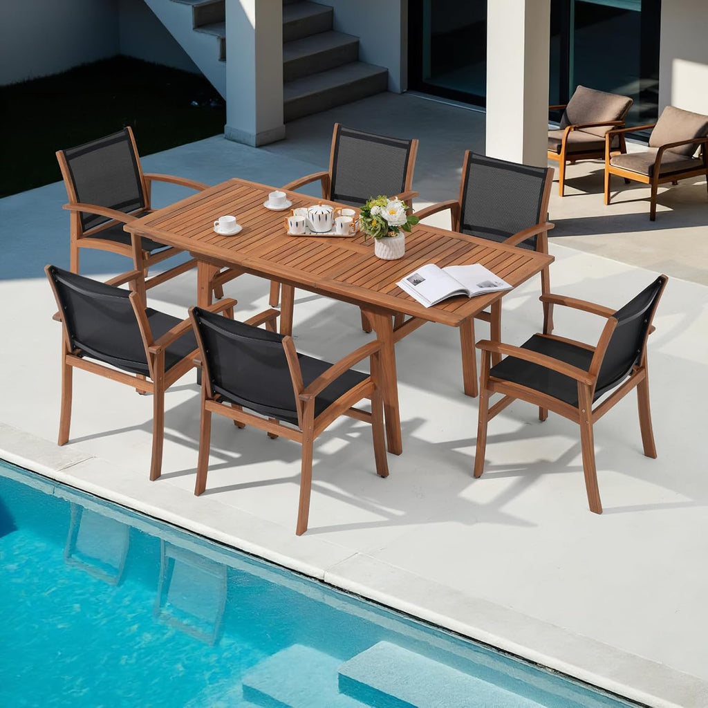 OC Orange-Casual Acacia Wood Patio Dining Chairs Set (Black, 8 Pieces) | Outdoor Chair Set with Breathable Textilene Fabric, Metal Support Bars, Curved Armrest, Supports 350lbs For Lawn, Garden