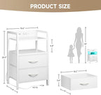 Night Stand Bedside Table Bedroom - White Nightstand with Charging Station & LED Light Strip, Morden Bed Side End Table with Storage Shelf & 2 Fabric Drawers, U-S-B Ports & AC Outlets
