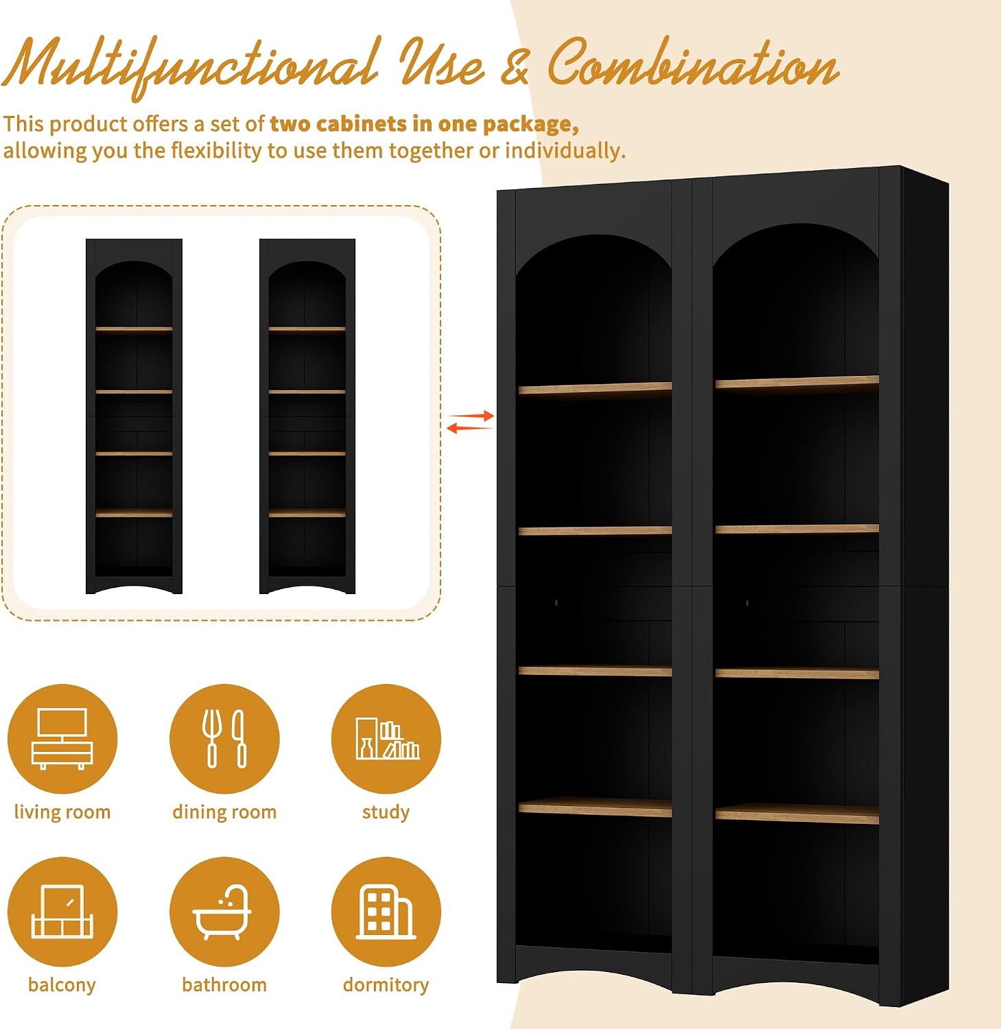 Freestanding Corner Kitchen Pantry with 4 Shelves, Traditional, Rectangular Storage Cabinet, for Living Room, Dining Room, Black