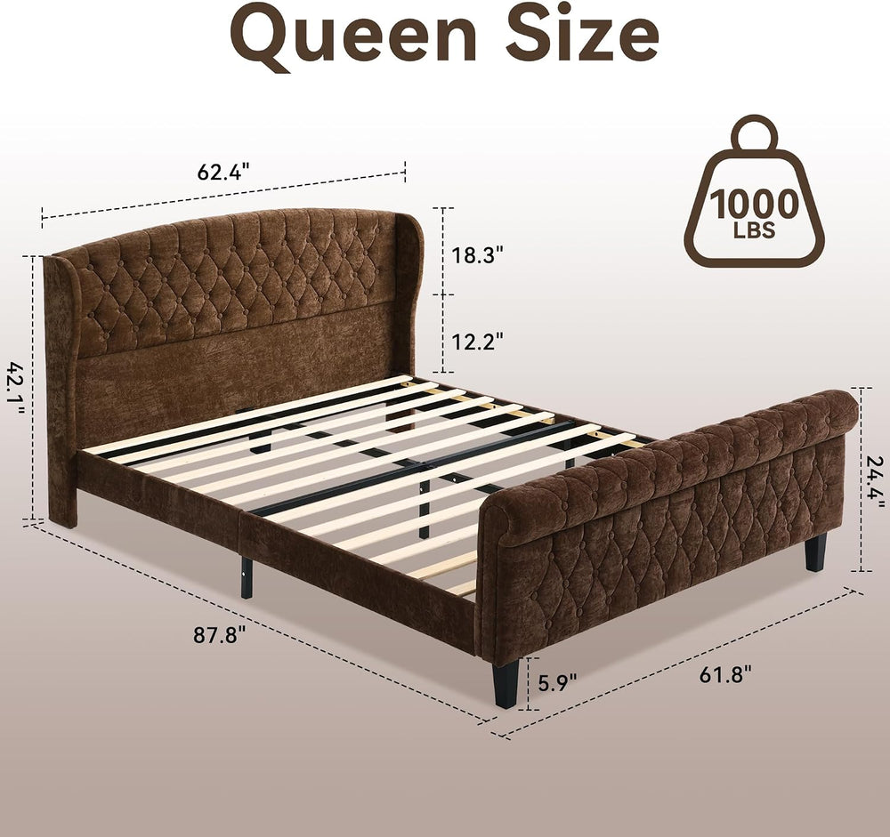BedsPick Sleigh Queen Bed Frame with 42" Wingback Headboard, Upholstered...