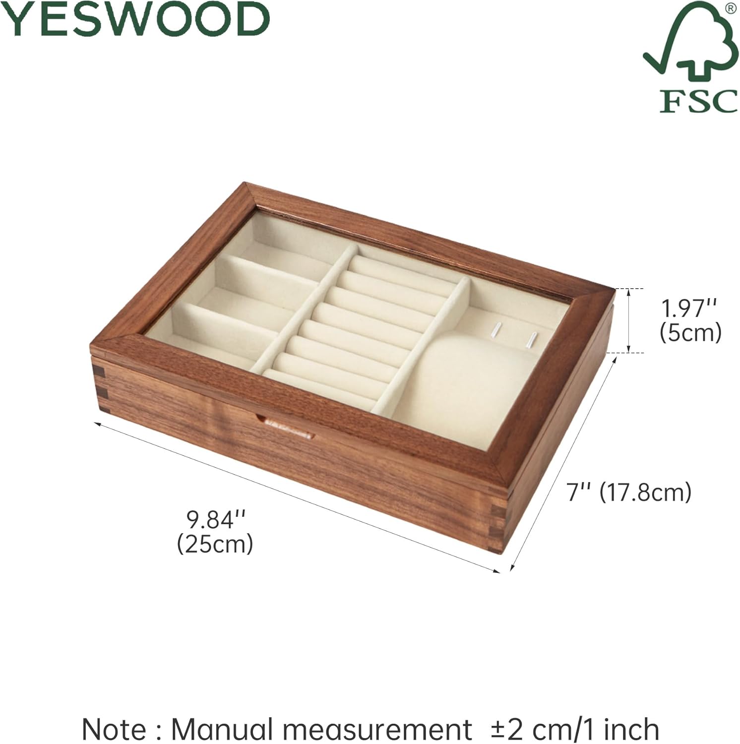 YESWOOD Jewelry Box Organizer, North America Black Walnut Wood Jewelry Boxes for Women for Storage & Display of Necklaces, Rings, Earrings, and Bracelets
