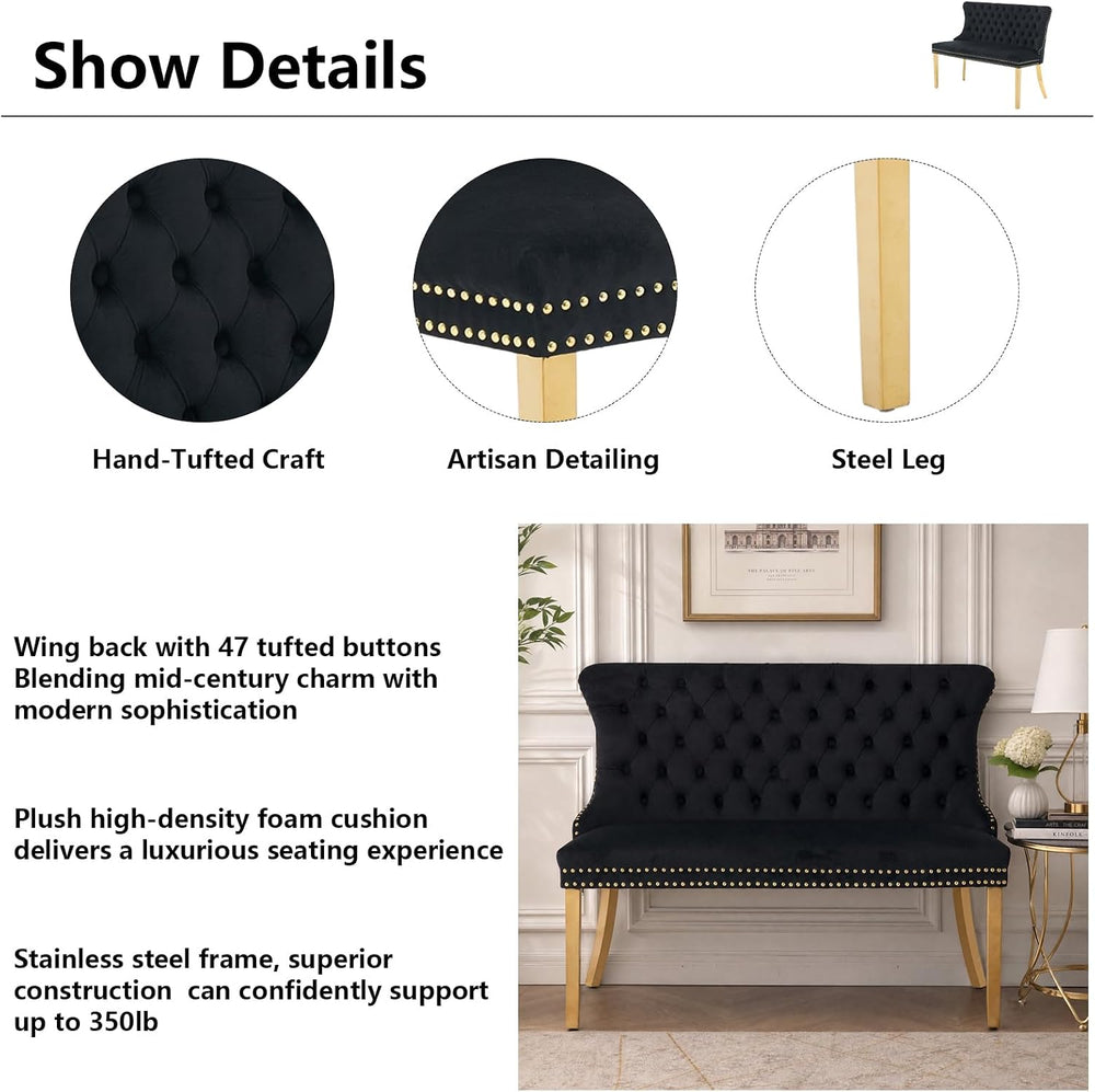 Velvet Dining Loveseat Bench with Wing Back, 2-Seat Tufted Bench with Gold St...