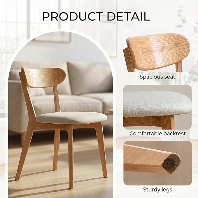 100% Solid Wood Dining Chairs,Mid Century Modern Dining Chairs with Upholstered Cushion,Kitchen,Dining Room Chairs Set of 4 (4, Original Color White Upholstery)