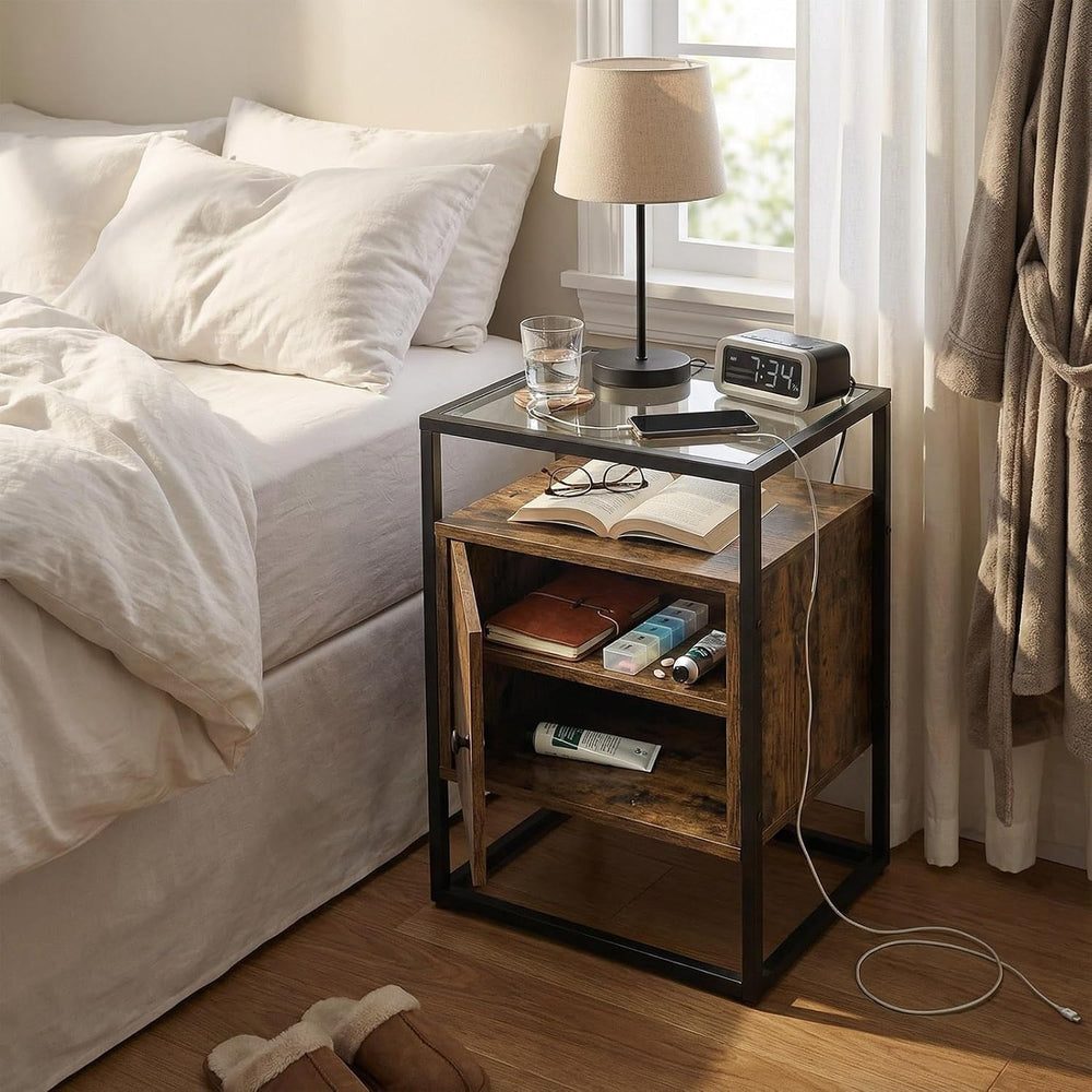 Side Table with 2 Tier Storage Cabinet, Small End Tables Wood Solid with Glas...