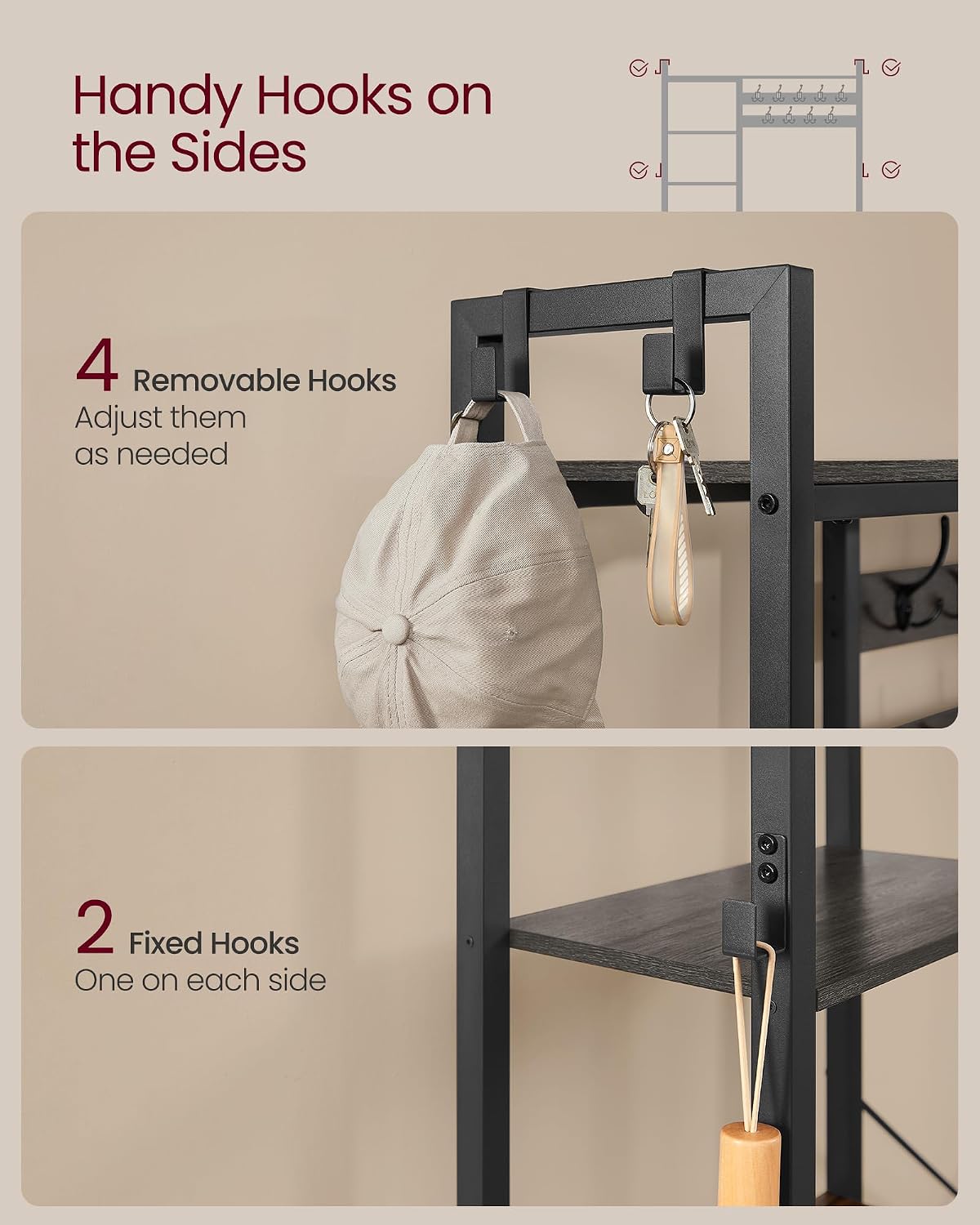 VASAGLE Hall Tree with Bench and Shoe Storage, Entryway Coat Rack with Shoe Bench, 5 Storage Shelves, 9 Coat Hooks, 6 Side Hooks, 15.7 x 47.2 x 74.8 Inches, Stone Gray and Ink Black UHSR426B04