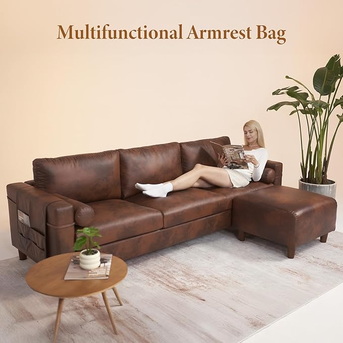 Vesgantti 100" L Shaped Faux Leather Couch with Movable Ottoman, 3 Seater PU Leather Sectional Sofa with Side Pocket, Mid Century Modern Modular Couch for Living Room, Bedroom, Chocolate