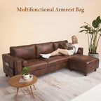 Vesgantti 100" L Shaped Faux Leather Couch with Movable Ottoman, 3 Seater PU Leather Sectional Sofa with Side Pocket, Mid Century Modern Modular Couch for Living Room, Bedroom, Chocolate