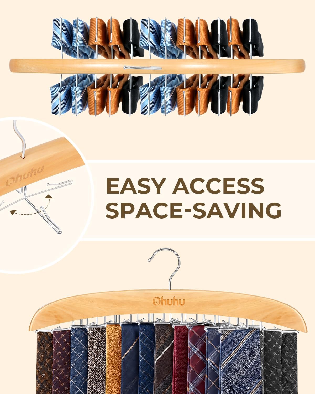 Ohuhu 24-Hook Wooden Tie Rack Organizer for Closet – Space Saving Hanger with 360° Rotating Anti-Slip Clips, Holds 24 Ties Securely Without Wrinkles – Premium Hardwood & Rustproof Steel