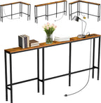 70" Narrow Console Sofa Table with Power Outlets & 2 USB Ports, L Shaped Behind Couch Table Skinny, 3 Assembly Options Entryway Tables with Charging Station for Living Room, Hallway, Brown, 70IN
