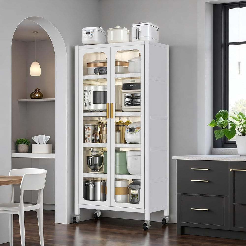 65" Metal Kitchen Cabinet with Transparent Doors, 6-Tier Rolling Pantry ...