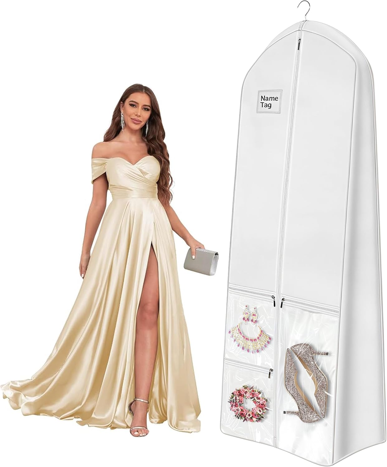 72" Dress Bag for Long Dress for Gowns Wedding Dress Quinceanera Dress Sweet 16 Dress Vestido de 15 años Prom Dress Long 3 Extra Pockets Dress Garment Cover for Women, White