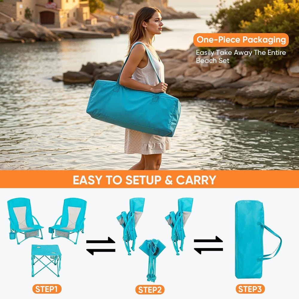 Folding Beach Chair Set of 3, Portable Camping Chairs with Table, Carrying Ba...