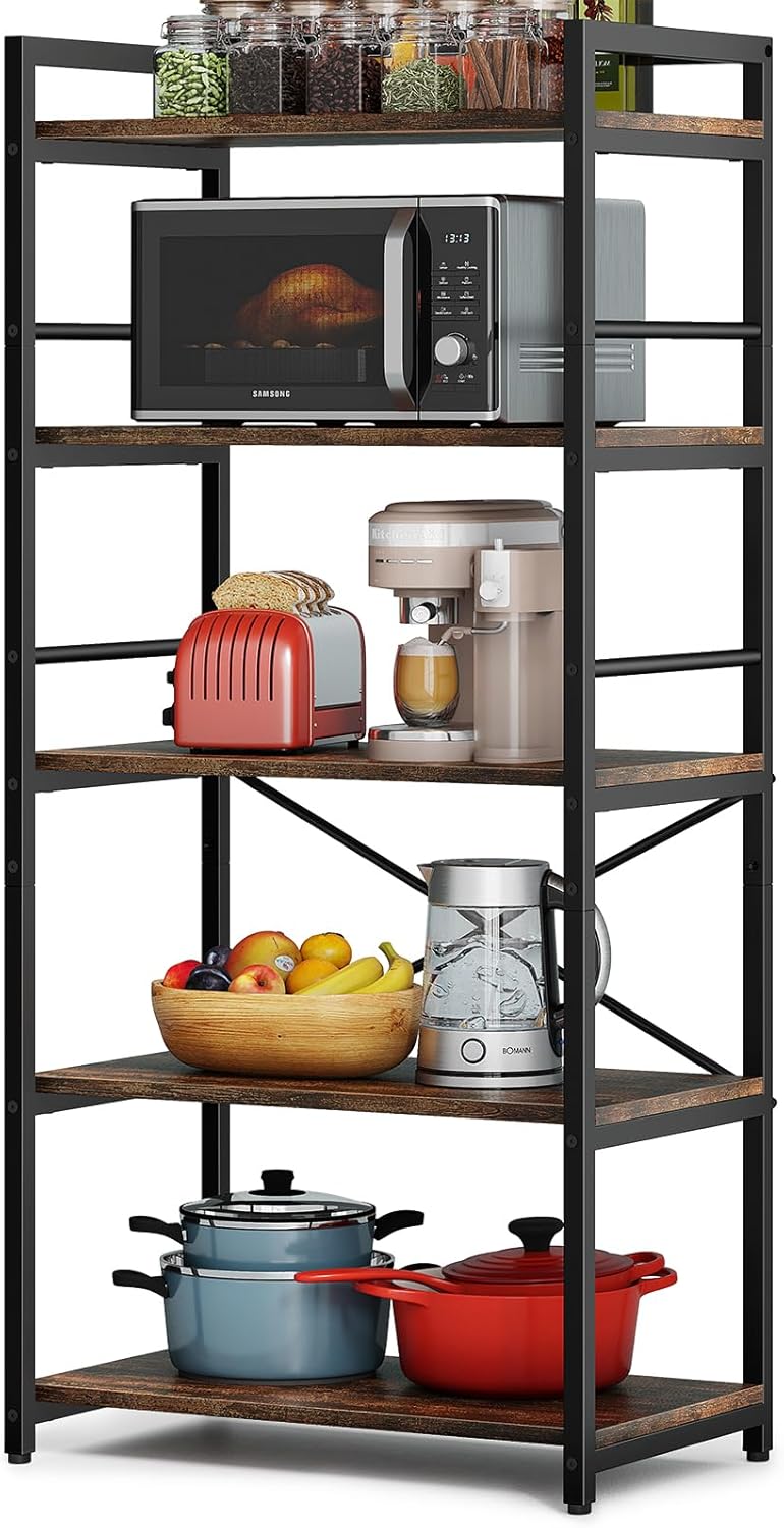 Denkee 5-Tier Bakers Rack for Kitchen with Storage, Industrial Microwave Stand Shelf, Coffee Bar for Small Spaces, Free Standing Kitchen Storage Shelf Rack, 23.7" L x 15.8" W x 60.3" H